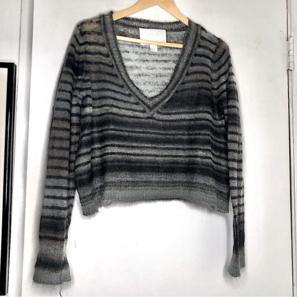 A.L.C. Slightly sheer and cropped gray striped mohair blend sweater.